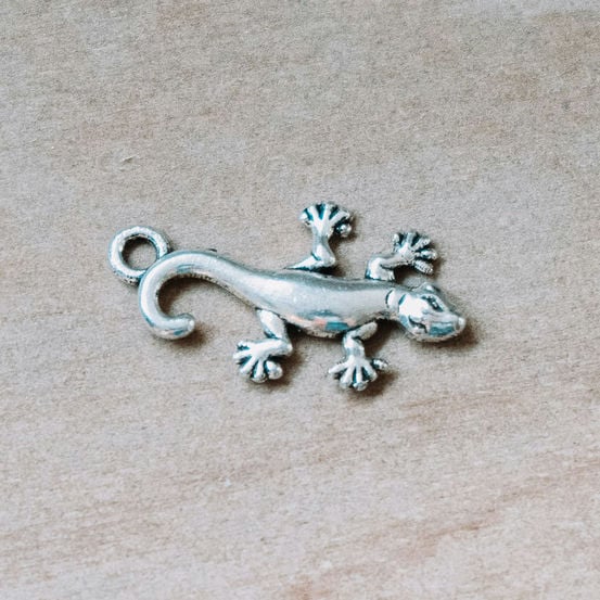 Zilverkleurige hanger van een Indische tokeh (gekko). Leuke hanger voor aan een armband of ketting. 